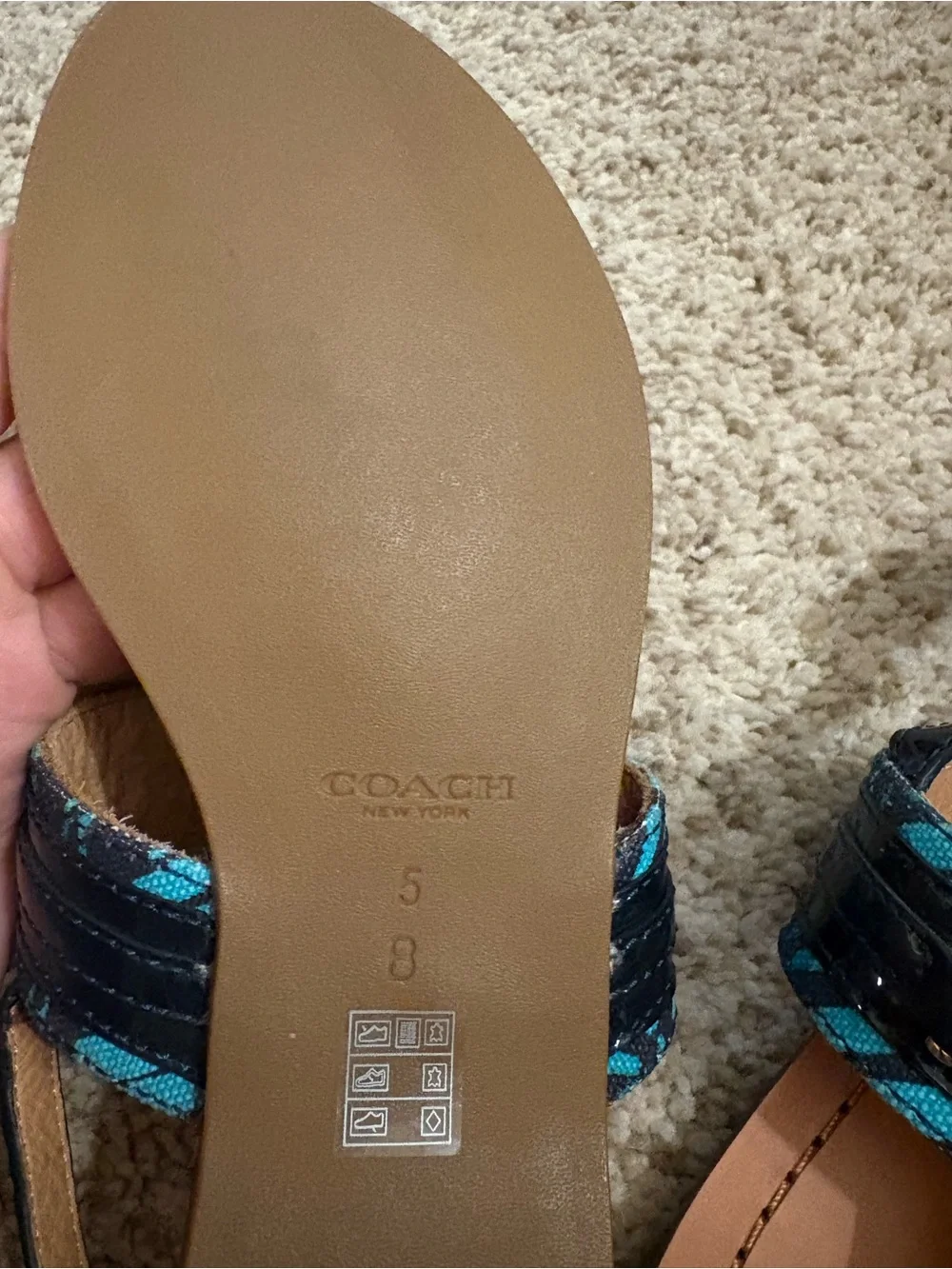 Coach Sammy Sandals in Patent Blue Leather with Enamel Accent